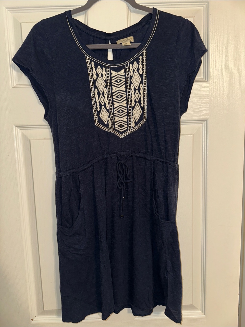Lucky Brand Navy Mini Dress with Cream Embroidered Bib Detail